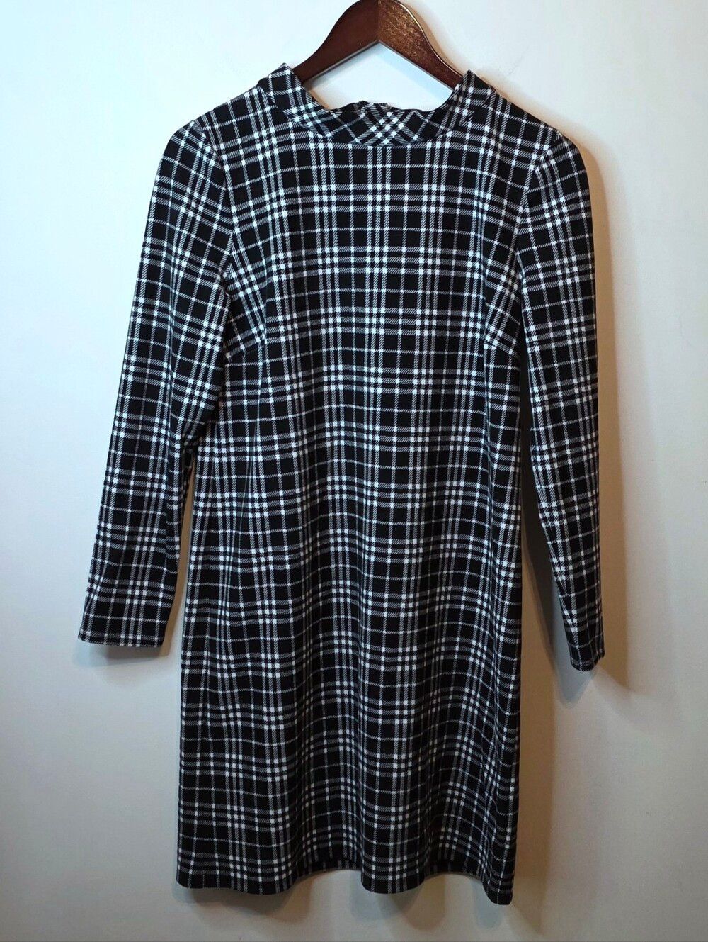 Talbots Petite Windowpane Black White Mockneck Sheath Dress Size Medium Petite